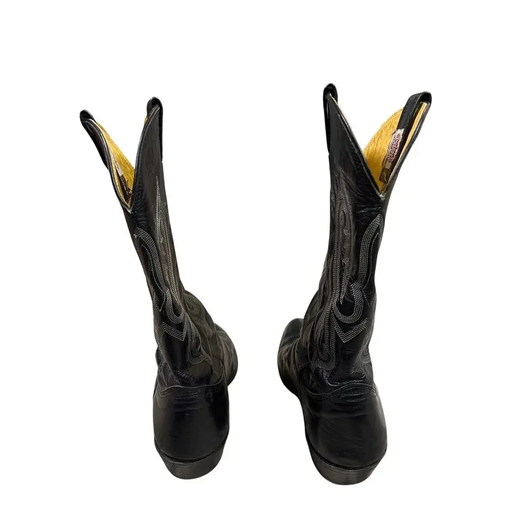 Vtg 90s NOCONA Black Men's 9 100% Leather Cowboy Boots western flame stitch USA